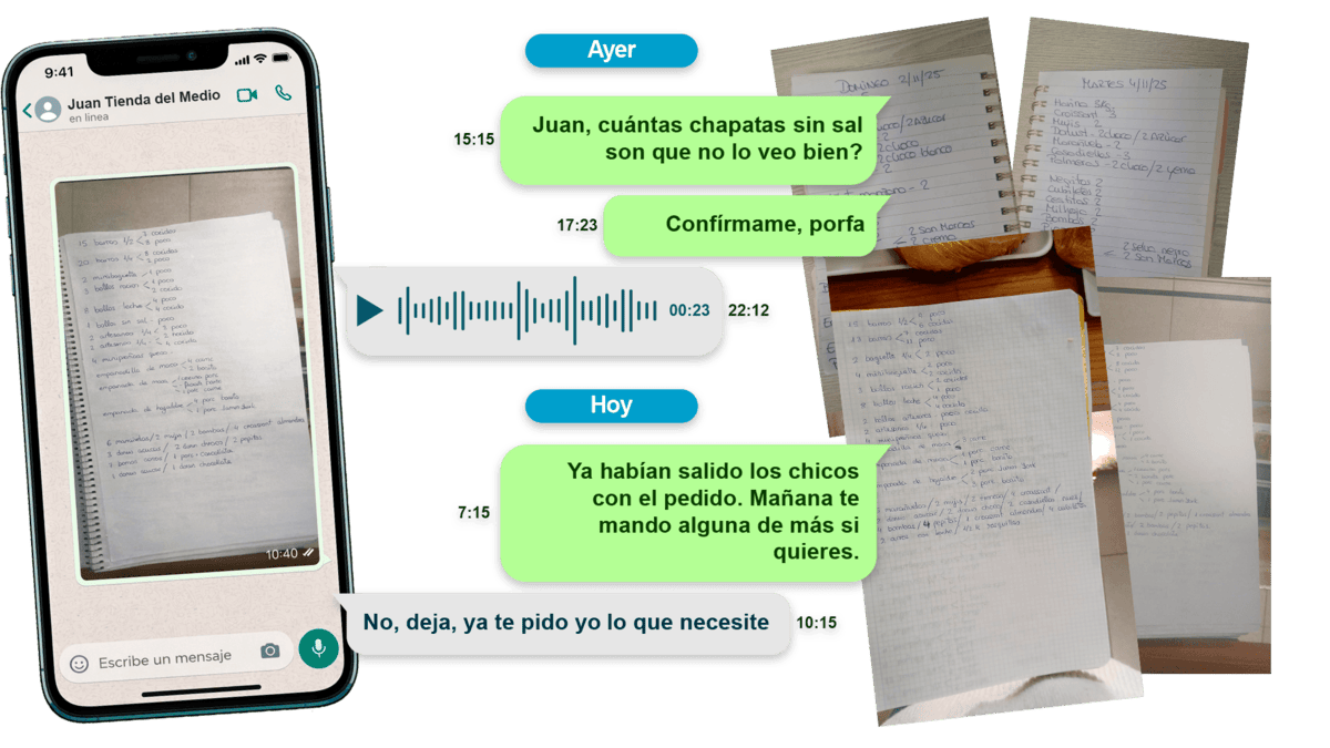 Caos de pedidos por WhatsApp: mensajes, audios y fotos de papel mezclados